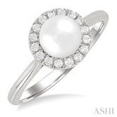 6 MM White Cultured Pearl and 1/6 Ctw Round Cut Diamond Halo Ring in 10K White Gold